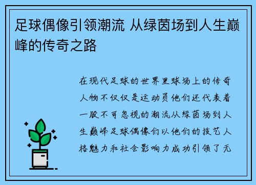 足球偶像引领潮流 从绿茵场到人生巅峰的传奇之路